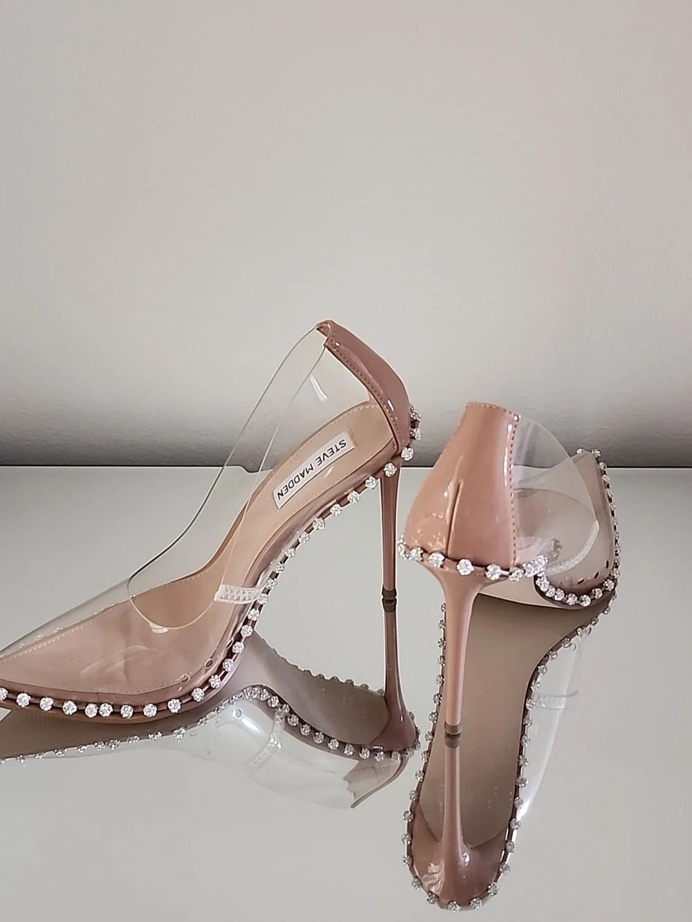 ♡♥︎♡ Steve Madden Classic Nude Clear PVC Crystal-Trim Stiletto Heels Size 8.5 - Picture 3 of 11